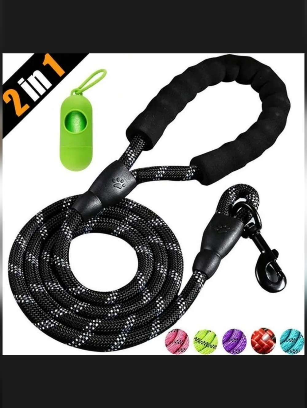 Rope Dog Leash 5FT And Poop Bag Dispenser  with Comfortable Padded Handle